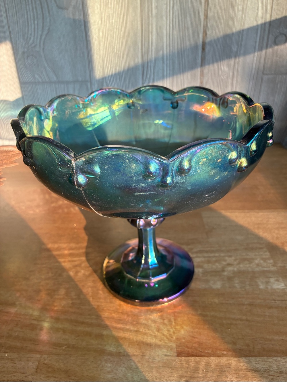 Iridescent Glass Compote Bowl - Green Blue Finish 8”x8”